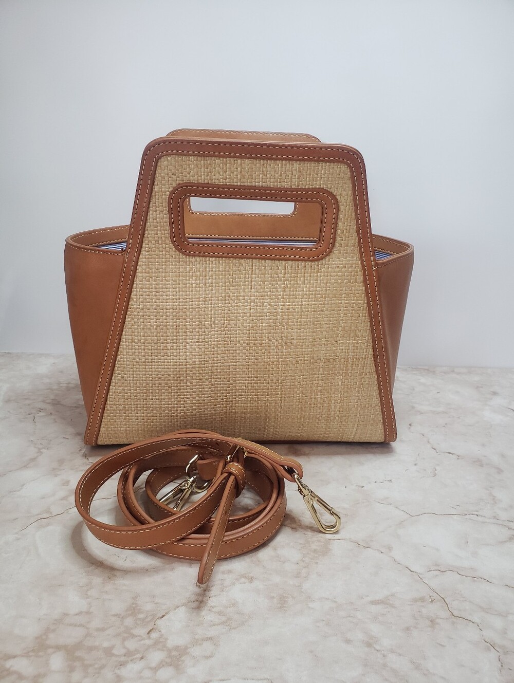 J. McLaughlin Tan and Natural Straw Structured Tote Bag with Removable Strap